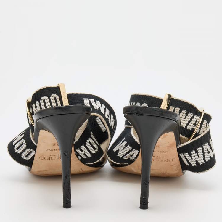Pre Owned Jimmy Choo White/Black Web Bailey Logo Ankle Strap Sandals Size 38