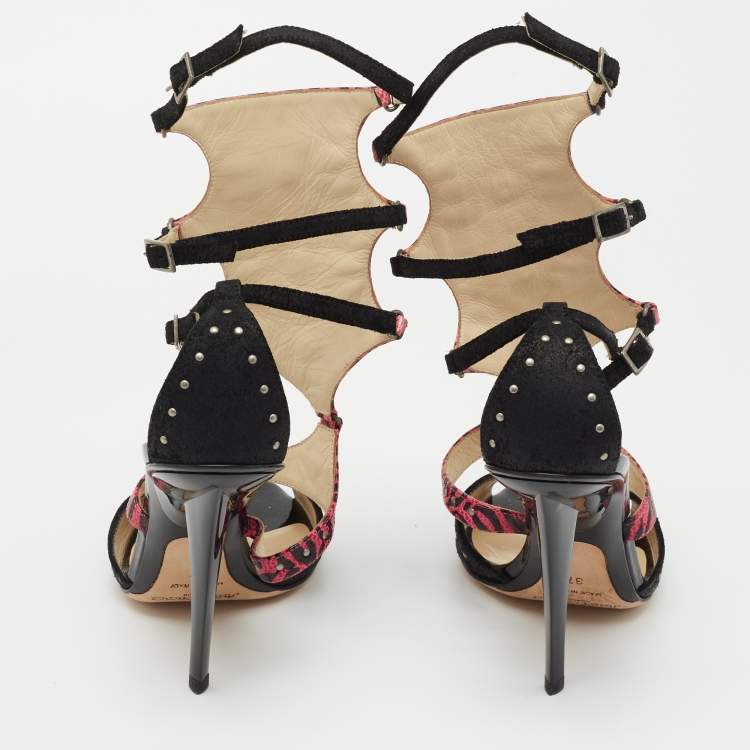 Pre Owned Jimmy Choo Black/Pink Studded Suede and Printed Leather Strappy Sandals Size 37