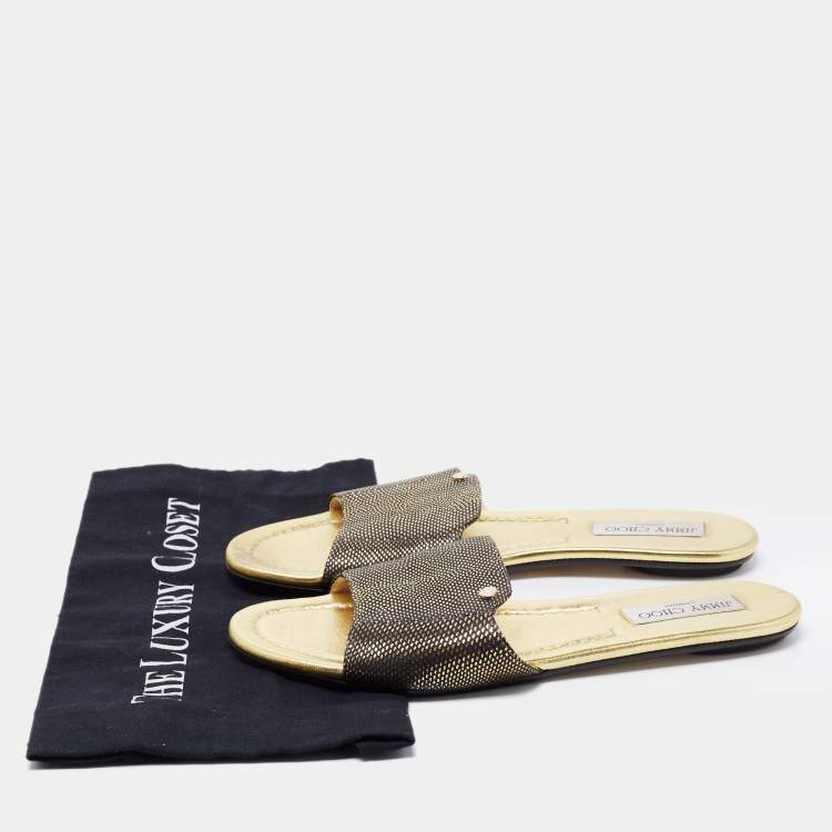Pre Owned Jimmy Choo Black/Gold Leather Nanda Flat Slides Size 40.5 