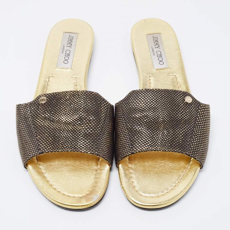 Pre Owned Jimmy Choo Black/Gold Leather Nanda Flat Slides Size 40.5 
