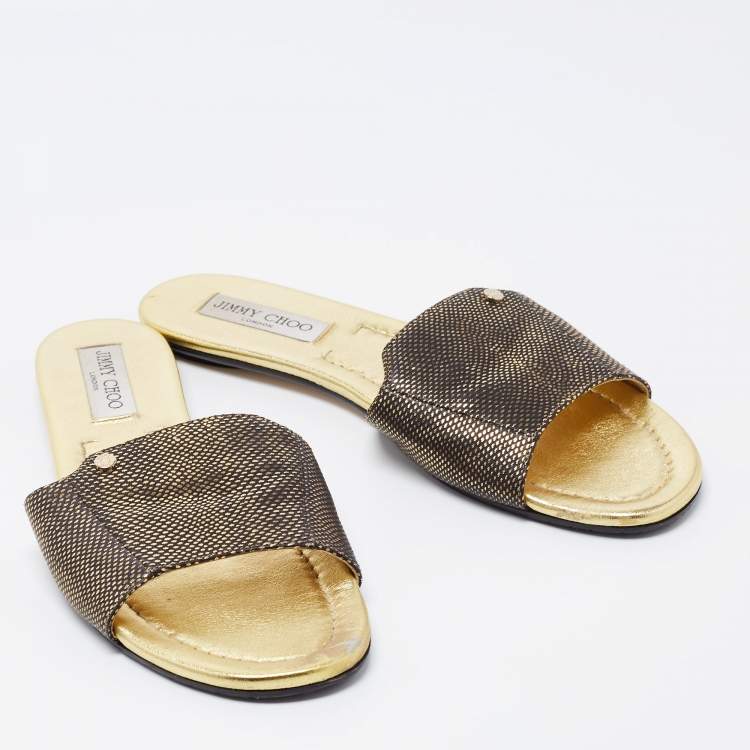 Pre Owned Jimmy Choo Black/Gold Leather Nanda Flat Slides Size 40.5 