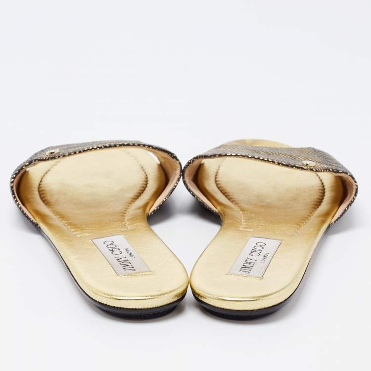 Pre Owned Jimmy Choo Black/Gold Leather Nanda Flat Slides Size 40.5 