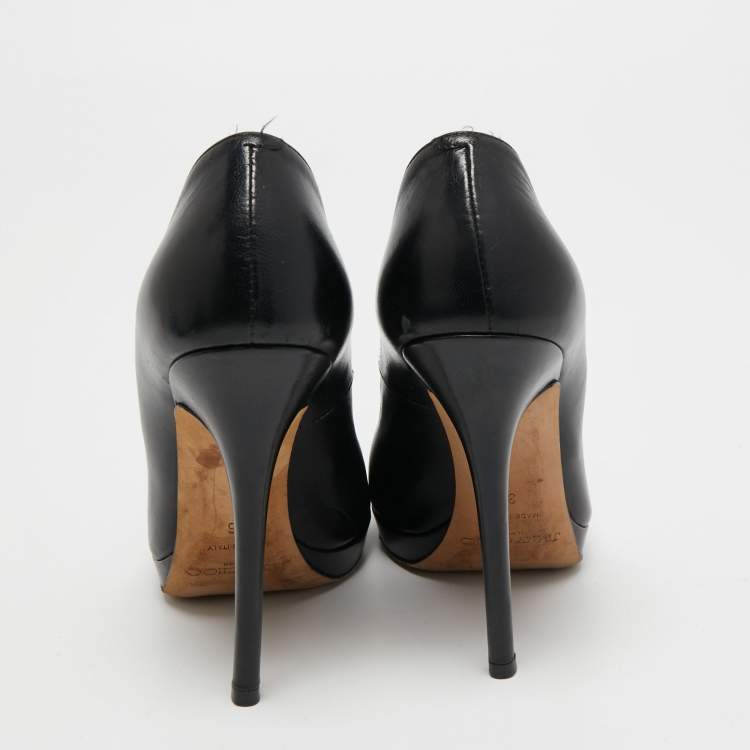 Pre Owned Jimmy Choo Black Leather Crown Peep Toe Platform Pumps Size 36
