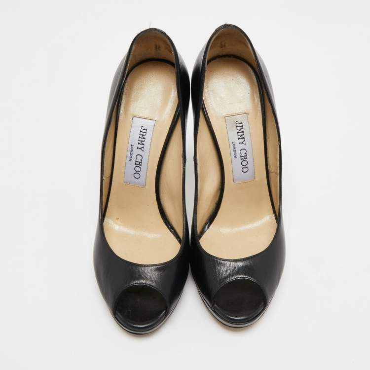 Pre Owned Jimmy Choo Black Leather Crown Peep Toe Platform Pumps Size 36
