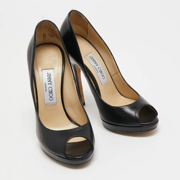 Pre Owned Jimmy Choo Black Leather Crown Peep Toe Platform Pumps Size 36