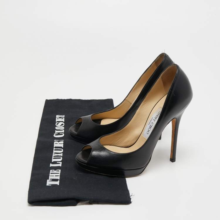 Pre Owned Jimmy Choo Black Leather Crown Peep Toe Platform Pumps Size 36