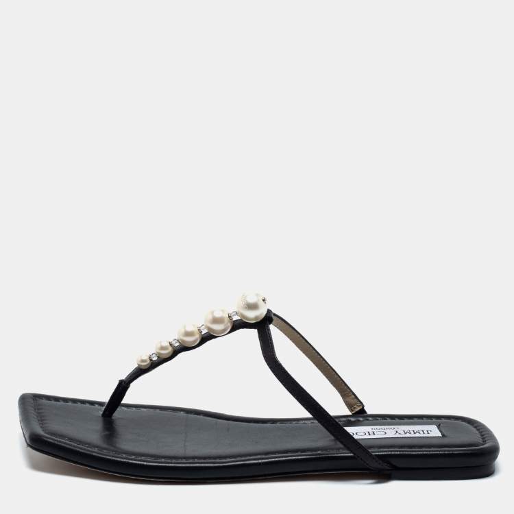 Pre Owned Jimmy Choo Black Leather Embellished Thong Flats Size 38.5