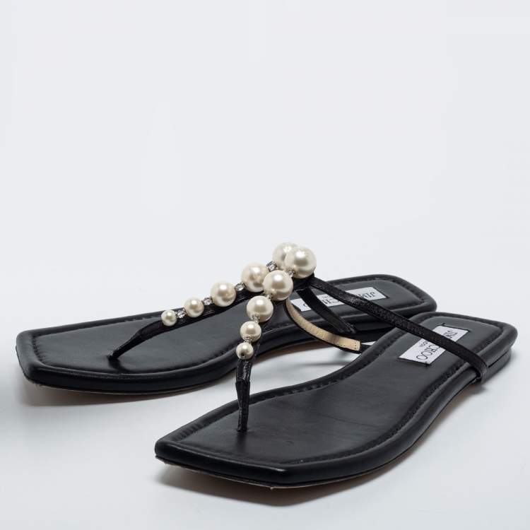 Pre Owned Jimmy Choo Black Leather Embellished Thong Flats Size 38.5