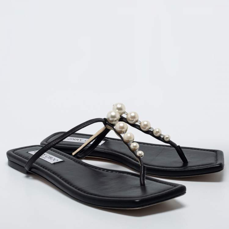 Pre Owned Jimmy Choo Black Leather Embellished Thong Flats Size 38.5