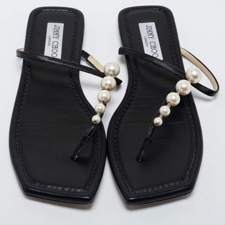Pre Owned Jimmy Choo Black Leather Embellished Thong Flats Size 38.5
