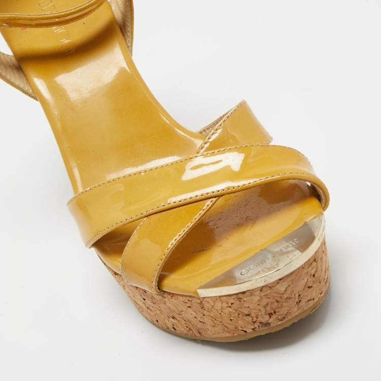 Pre Owned Jimmy Choo Beige Patent Wedge Sandals Size 37