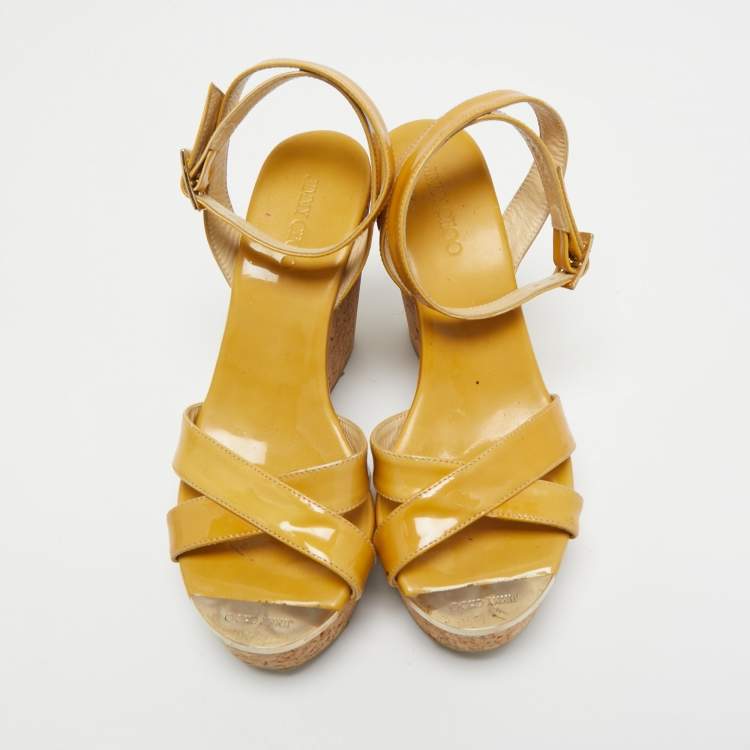 Pre Owned Jimmy Choo Beige Patent Wedge Sandals Size 37