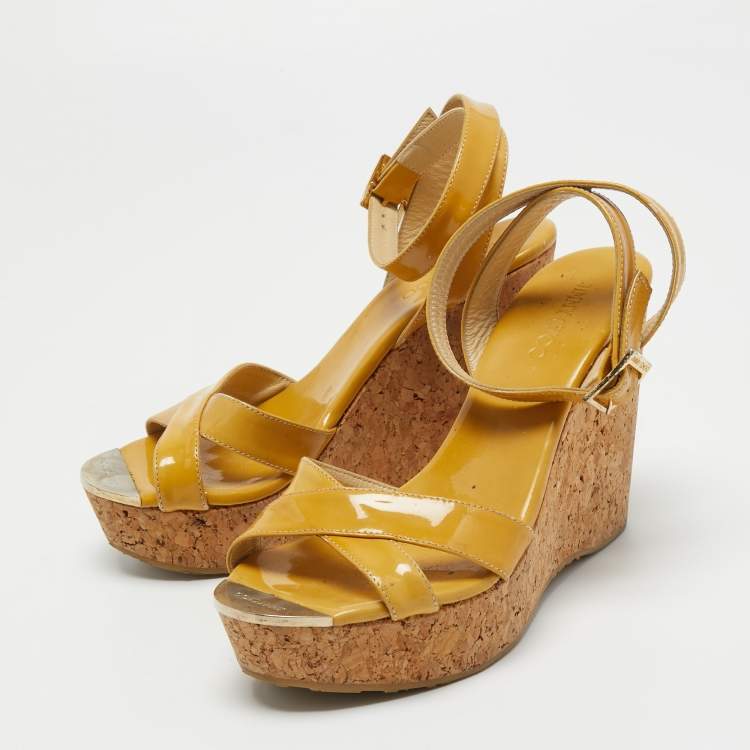 Pre Owned Jimmy Choo Beige Patent Wedge Sandals Size 37