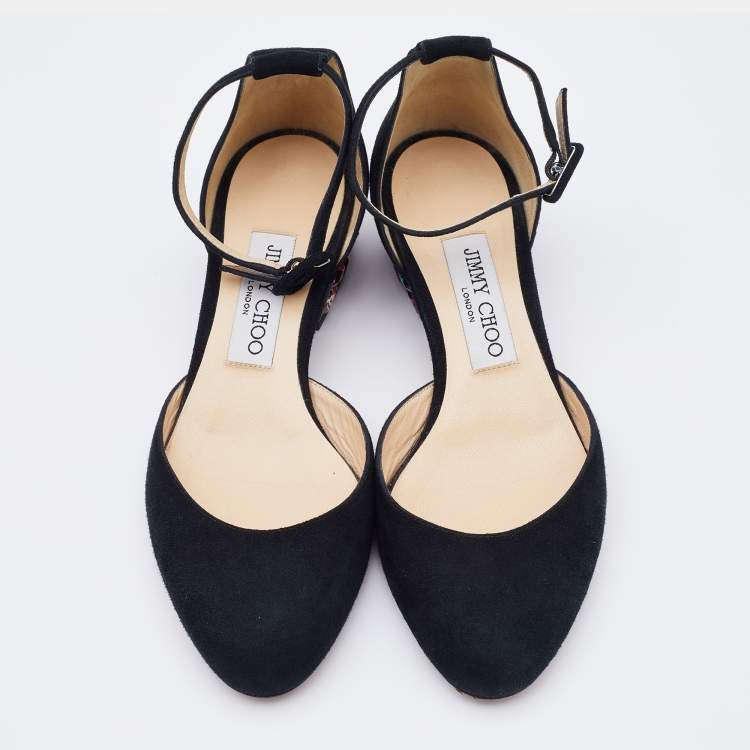 Pre Owned Jimmy Choo Black Suede Marnie Crystal Embellished Heel Ankle Strap Pumps Size 36