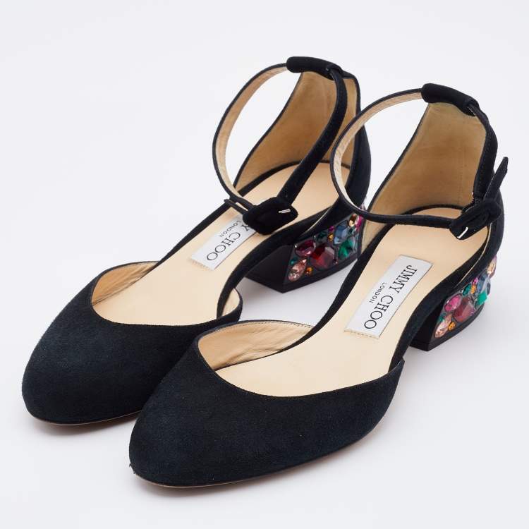 Pre Owned Jimmy Choo Black Suede Marnie Crystal Embellished Heel Ankle Strap Pumps Size 36