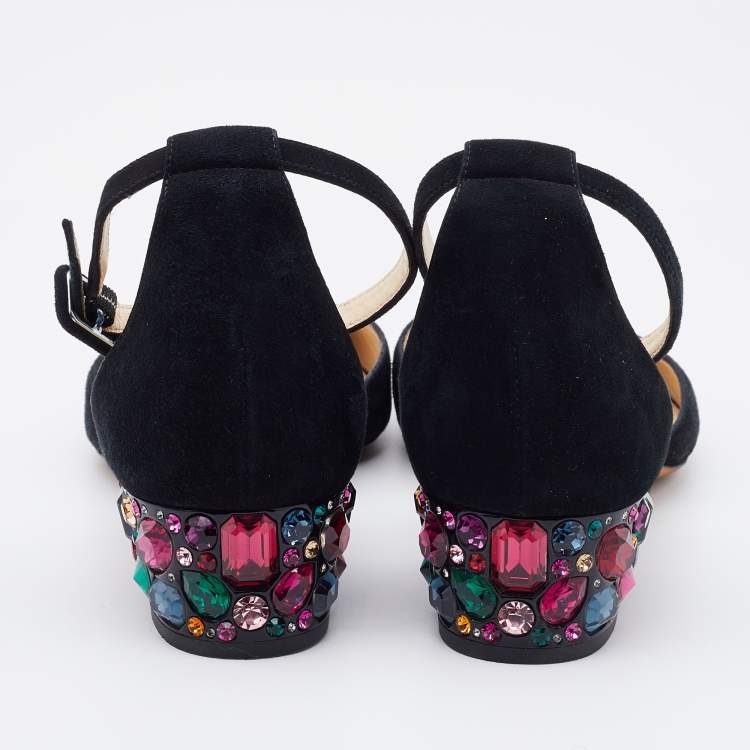Pre Owned Jimmy Choo Black Suede Marnie Crystal Embellished Heel Ankle Strap Pumps Size 36