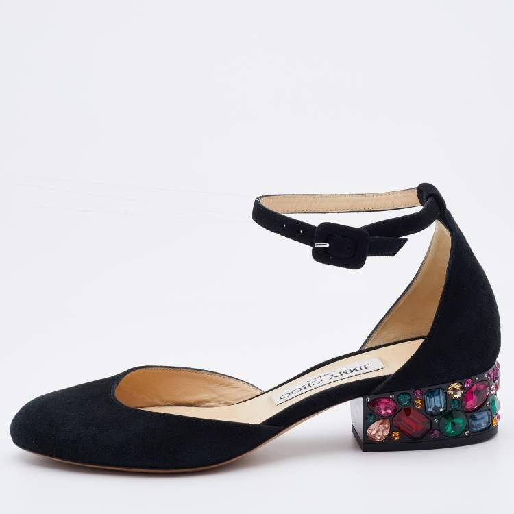 Pre Owned Jimmy Choo Black Suede Marnie Crystal Embellished Heel Ankle Strap Pumps Size 36
