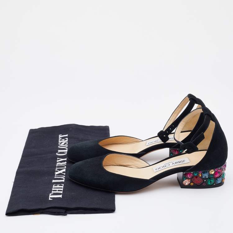 Pre Owned Jimmy Choo Black Suede Marnie Crystal Embellished Heel Ankle Strap Pumps Size 36