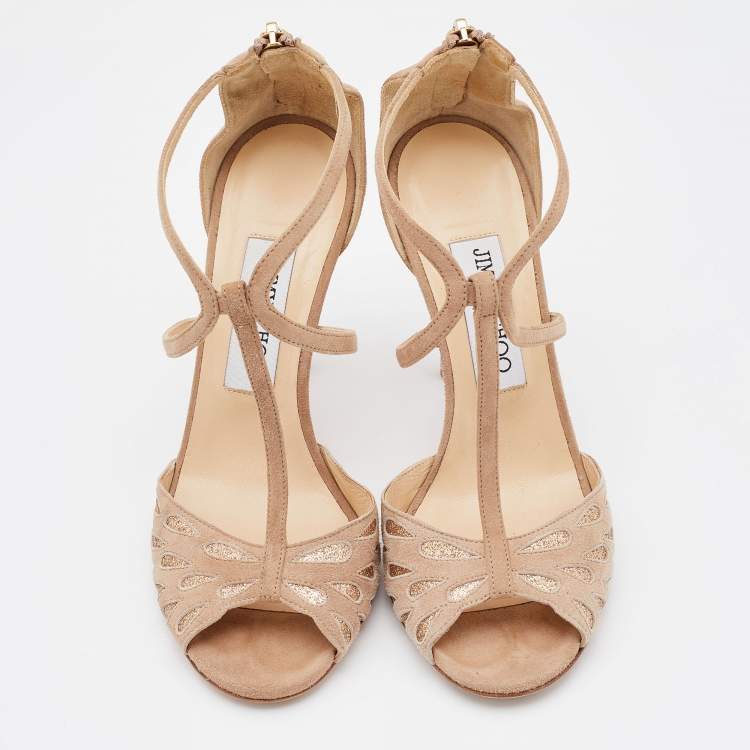 Pre Owned Jimmy Choo Beige Suede Strappy Open Toe Sandals Size 36.5