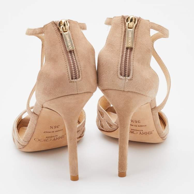 Pre Owned Jimmy Choo Beige Suede Strappy Open Toe Sandals Size 36.5