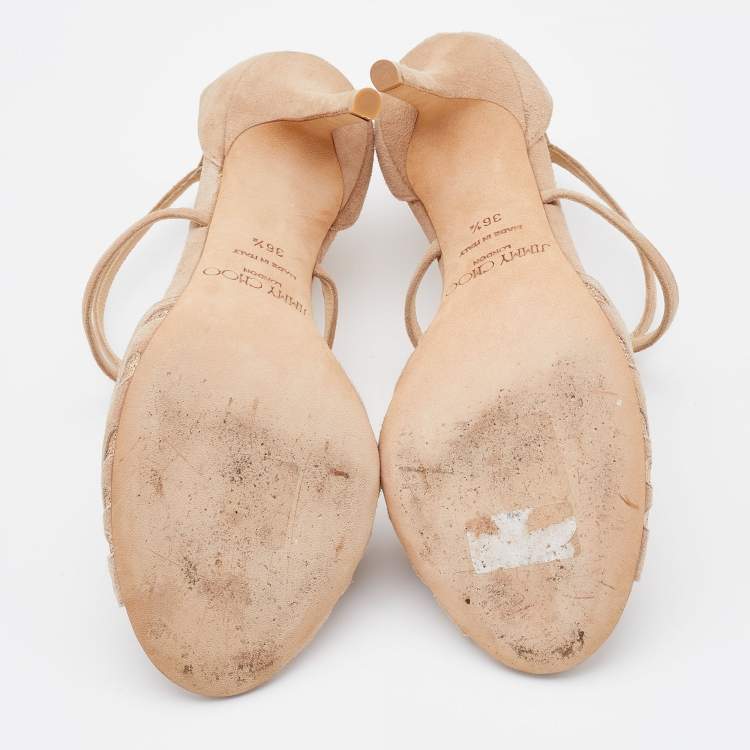 Pre Owned Jimmy Choo Beige Suede Strappy Open Toe Sandals Size 36.5