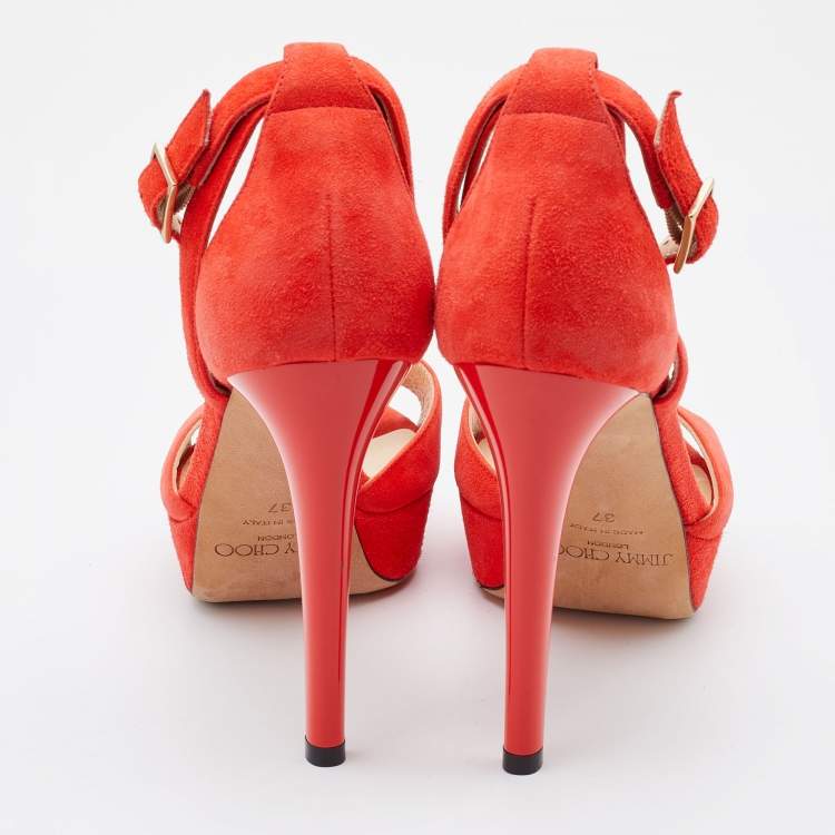 Pre Owned Jimmy Choo Orange Suede Platform Ankle Strap Sandals Size 37