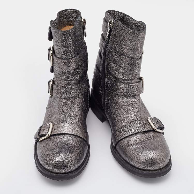 Pre Owned Jimmy Choo Metallic Silver Leather Dawson Ankle Boots Size 36.5