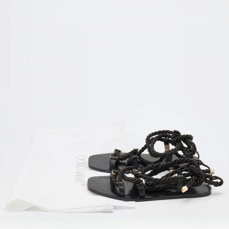 Pre Owned Jimmy Choo Black Rope and Leather Aziza Flat Ankle Wrap Sandals Size 38