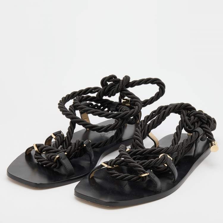 Pre Owned Jimmy Choo Black Rope and Leather Aziza Flat Ankle Wrap Sandals Size 38