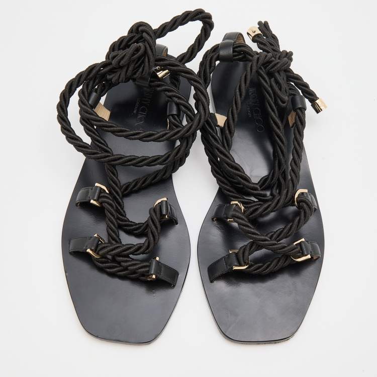 Pre Owned Jimmy Choo Black Rope and Leather Aziza Flat Ankle Wrap Sandals Size 38