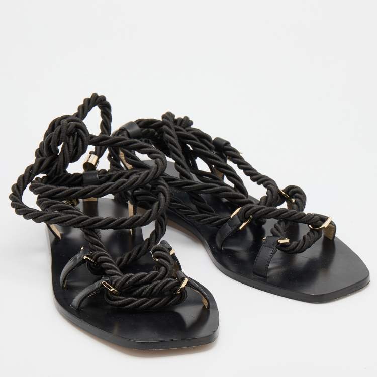 Pre Owned Jimmy Choo Black Rope and Leather Aziza Flat Ankle Wrap Sandals Size 38