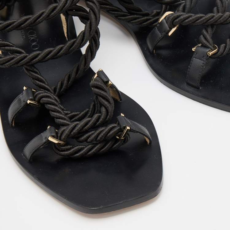 Pre Owned Jimmy Choo Black Rope and Leather Aziza Flat Ankle Wrap Sandals Size 38