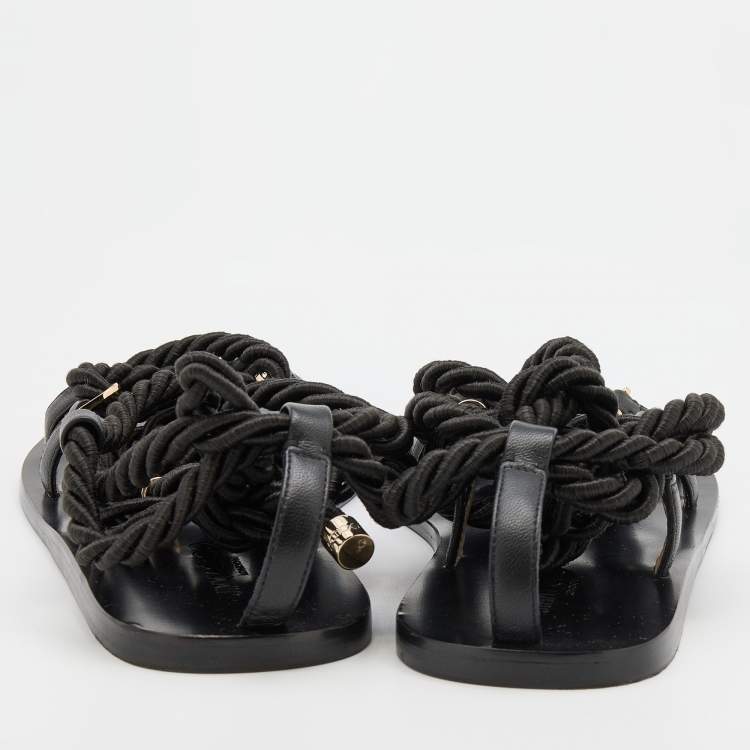 Pre Owned Jimmy Choo Black Rope and Leather Aziza Flat Ankle Wrap Sandals Size 38