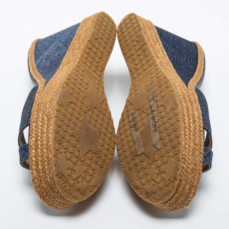 Pre Owned Jimmy Choo Navy Blue Denim Prima Wedge Slides Size 40
