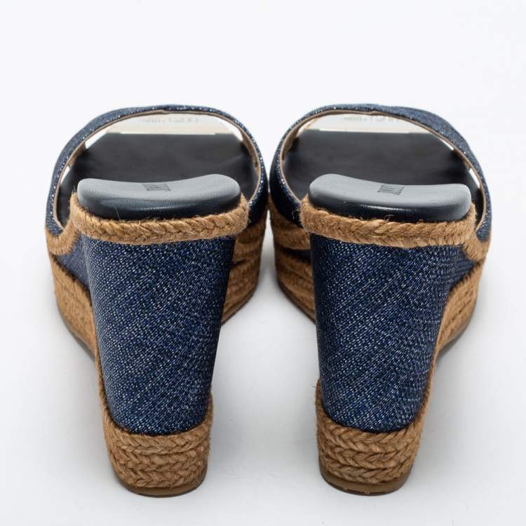 Pre Owned Jimmy Choo Navy Blue Denim Prima Wedge Slides Size 40