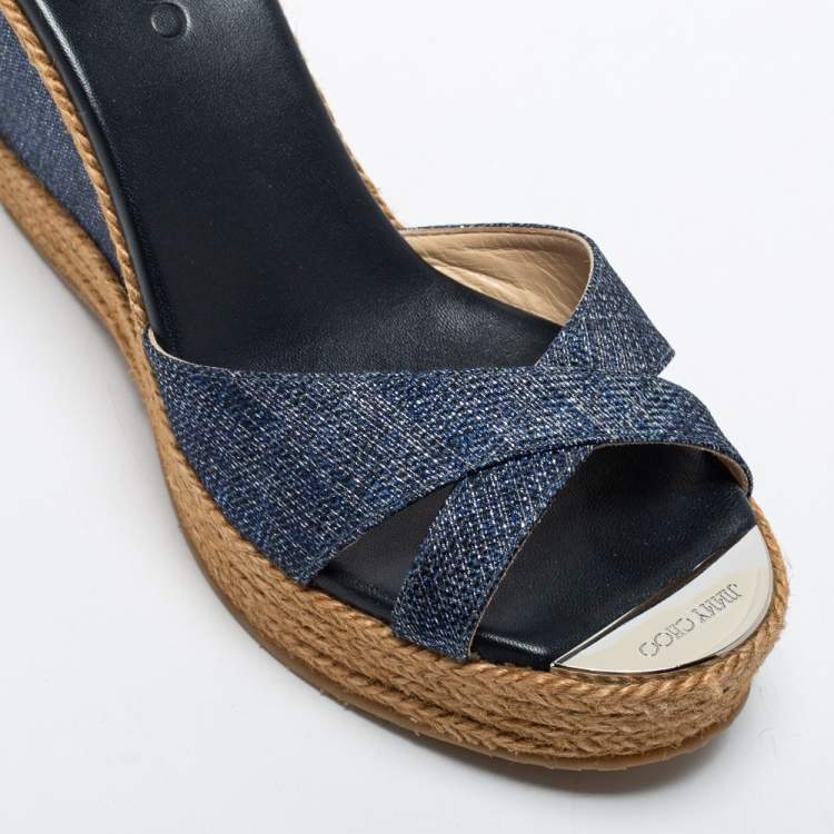 Pre Owned Jimmy Choo Navy Blue Denim Prima Wedge Slides Size 40
