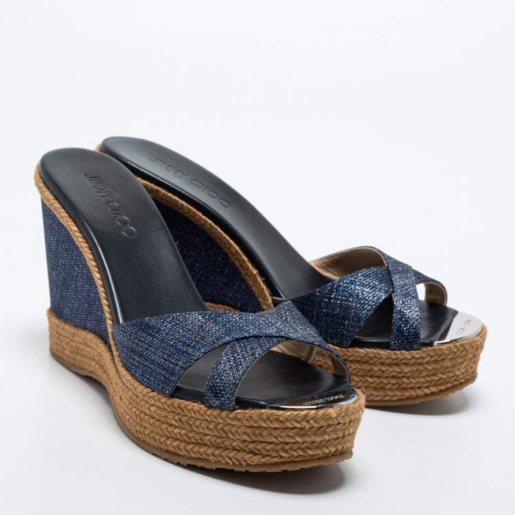 Pre Owned Jimmy Choo Navy Blue Denim Prima Wedge Slides Size 40
