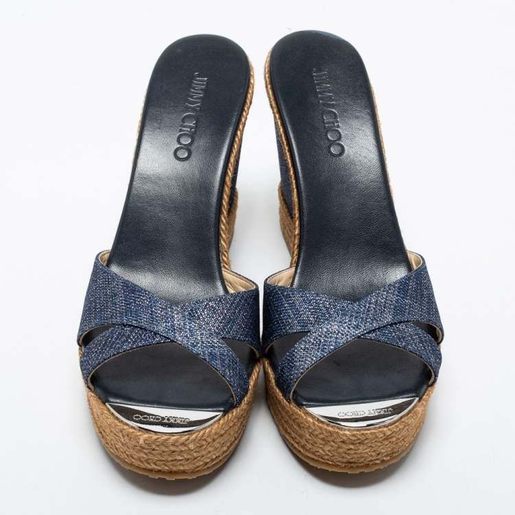 Pre Owned Jimmy Choo Navy Blue Denim Prima Wedge Slides Size 40
