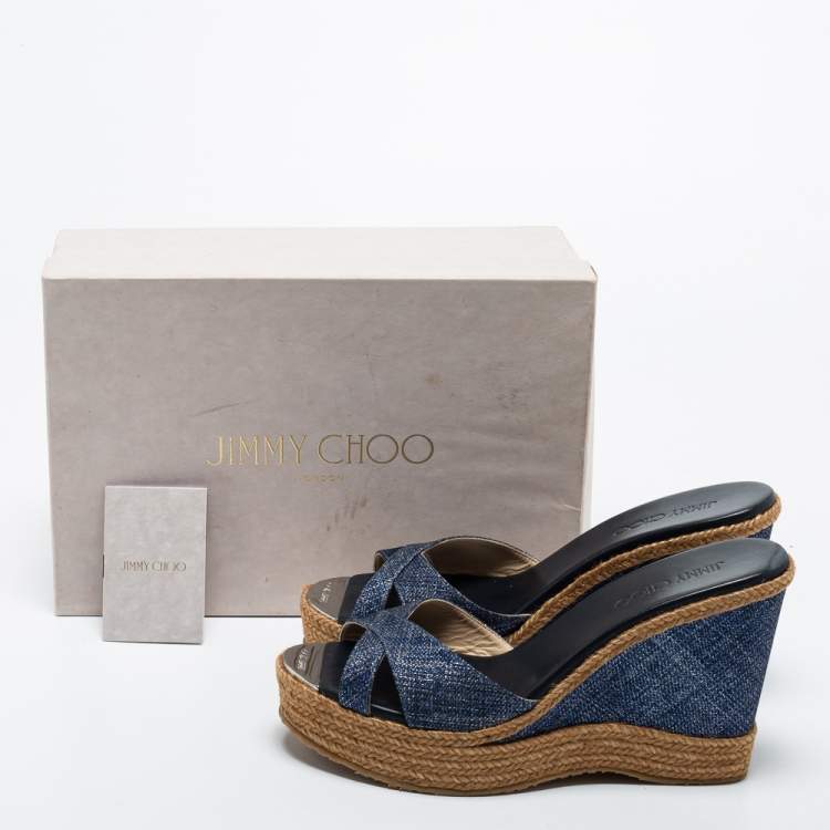 Pre Owned Jimmy Choo Navy Blue Denim Prima Wedge Slides Size 40