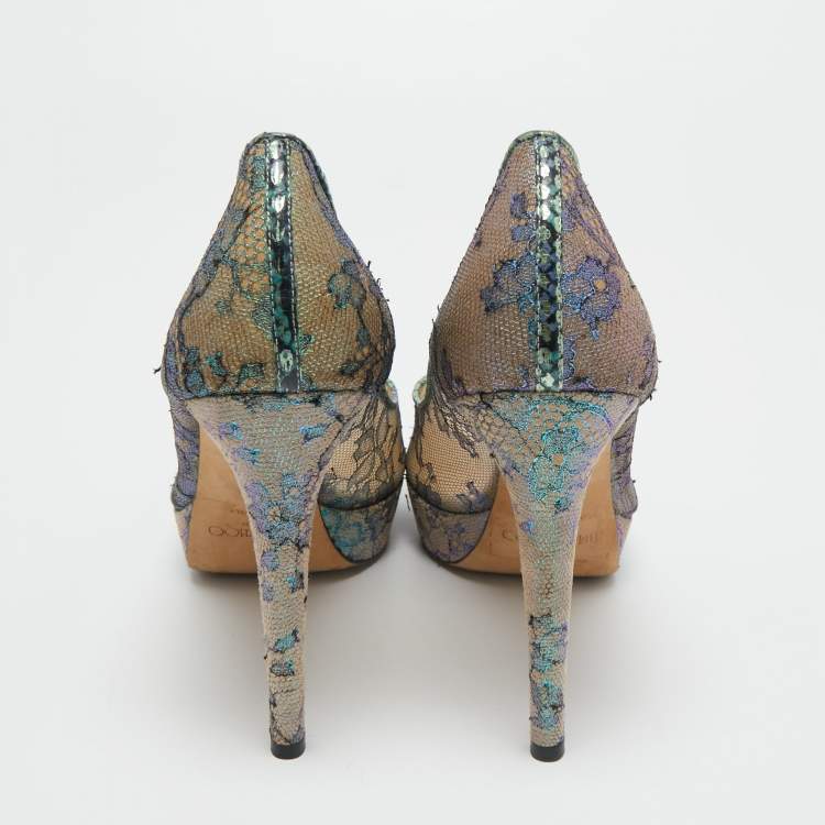 Pre Owned Jimmy Choo Metallic Lace Dahlia Peep Toe Platform Pumps Size 41