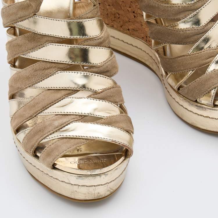 Pre Owned Jimmy Choo Metallic Gold Leather and Suede Cork Platform Wedge Sandals Size 38