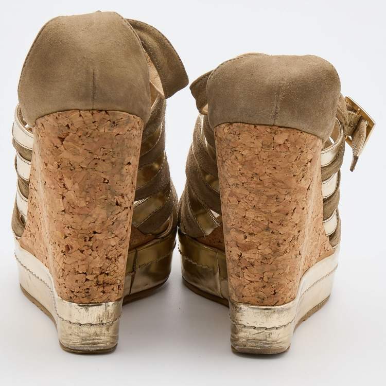 Pre Owned Jimmy Choo Metallic Gold Leather and Suede Cork Platform Wedge Sandals Size 38