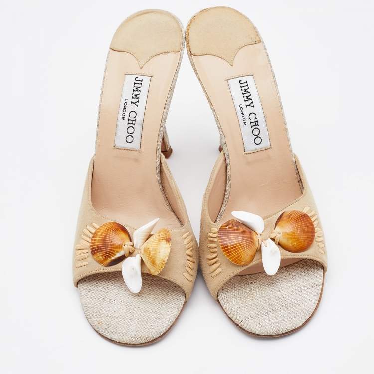 Pre Owned Jimmy Choo Beige Suede and Raffia Embellished Slide Sandals Size 38.5