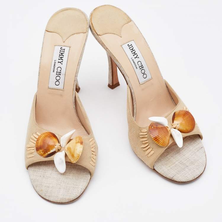 Pre Owned Jimmy Choo Beige Suede and Raffia Embellished Slide Sandals Size 38.5