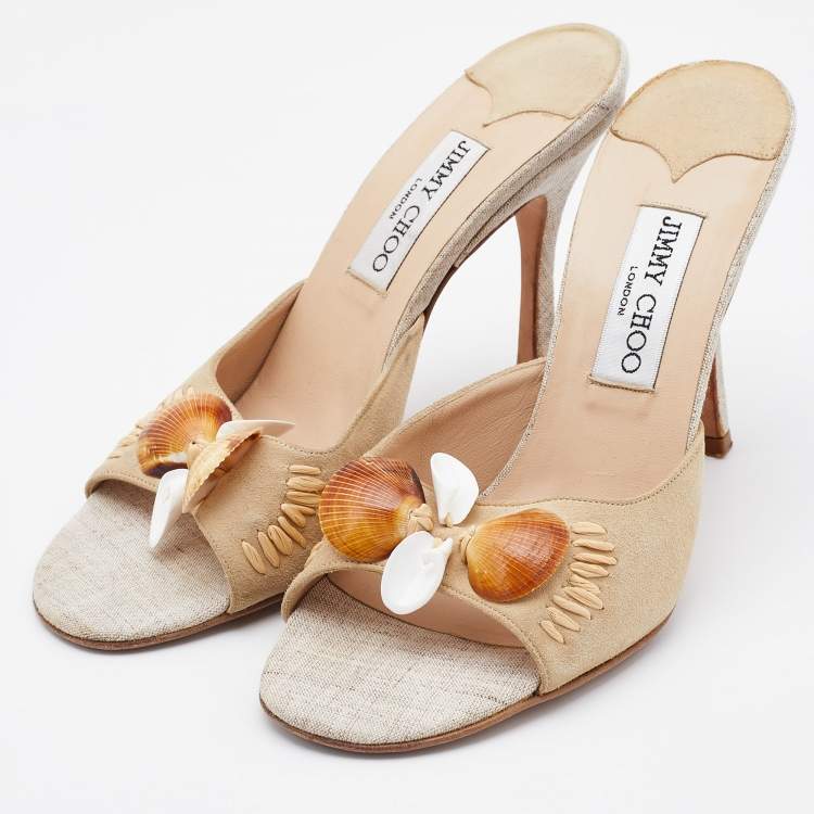 Pre Owned Jimmy Choo Beige Suede and Raffia Embellished Slide Sandals Size 38.5