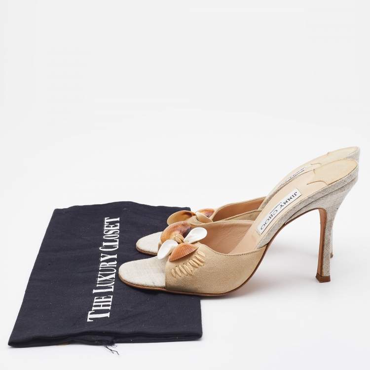 Pre Owned Jimmy Choo Beige Suede and Raffia Embellished Slide Sandals Size 38.5