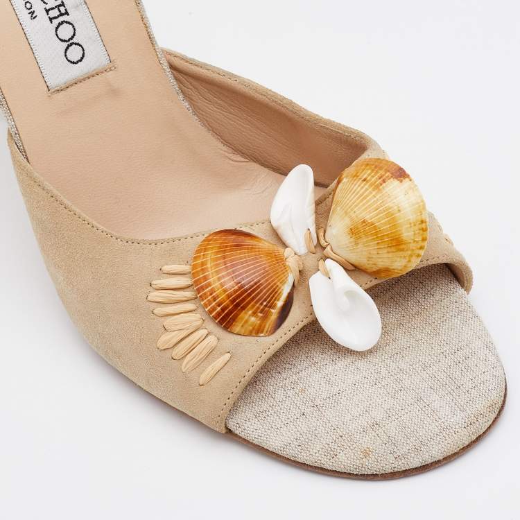 Pre Owned Jimmy Choo Beige Suede and Raffia Embellished Slide Sandals Size 38.5