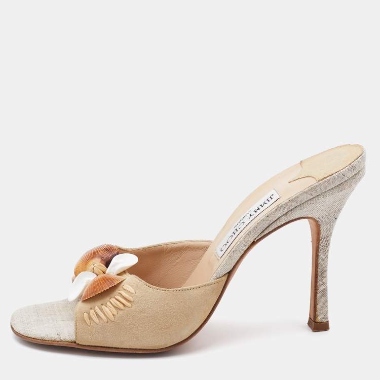 Pre Owned Jimmy Choo Beige Suede and Raffia Embellished Slide Sandals Size 38.5