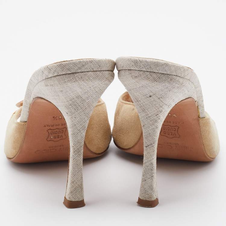Pre Owned Jimmy Choo Beige Suede and Raffia Embellished Slide Sandals Size 38.5