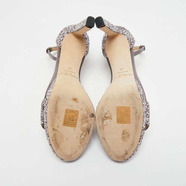 Pre Owned Jimmy Choo Metallic Bronze/Sliver Glitter Misty Sandals Size 38